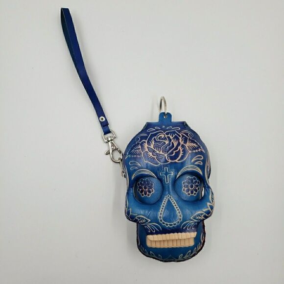 Sugar Skull Leather Wristlet Wallet Gift Small Pouch Keychain Day of the Dead - Picture 12 of 13